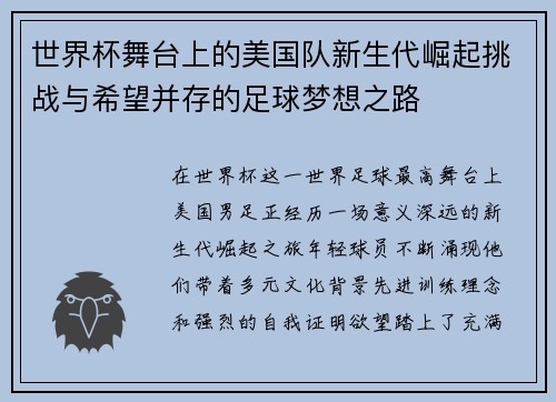 世界杯舞台上的美国队新生代崛起挑战与希望并存的足球梦想之路